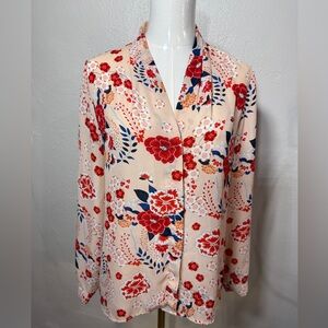 Violet + Claire Floral V-Neck Blouse Cream Red Blue Size Small